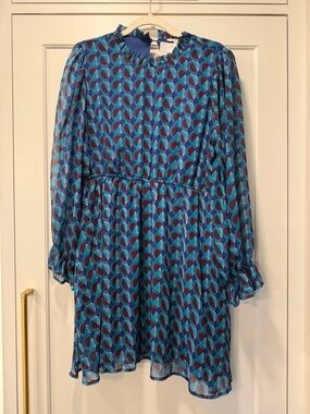 Veda Print Blue Patterned Long-Sleeve Dress